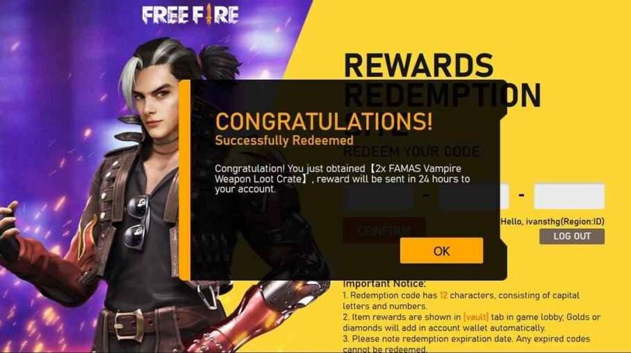 Congrats The Free Fire Redeem Code has been Obtained