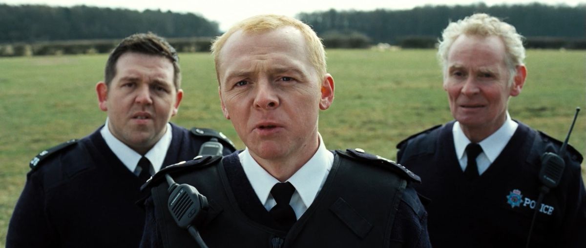 Nick Frost, Simon Pegg, and Karl Johnson in Hot Fuzz.