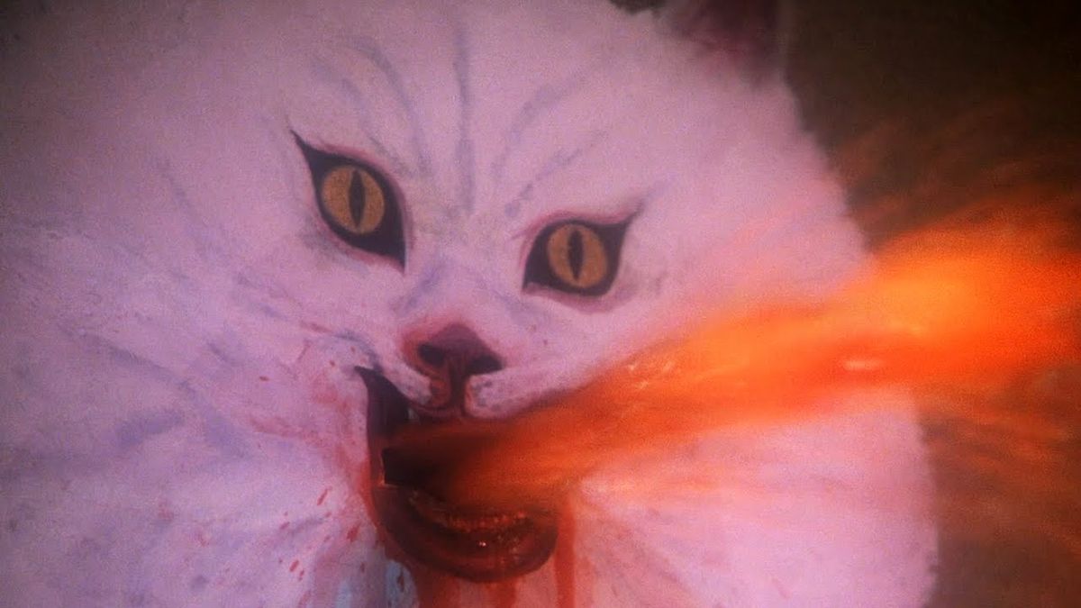 An ominous portrait of a cat sprays a geyser of blood from its mouth