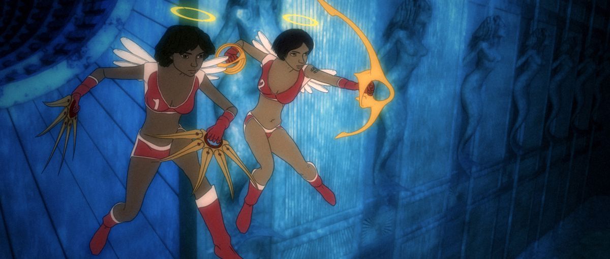 Two Black girls with wings and halos, dressed in red boots, gloves, and bikinis, hover in front of a blue stone wall and wield golden weapons in Battledream Chronicle