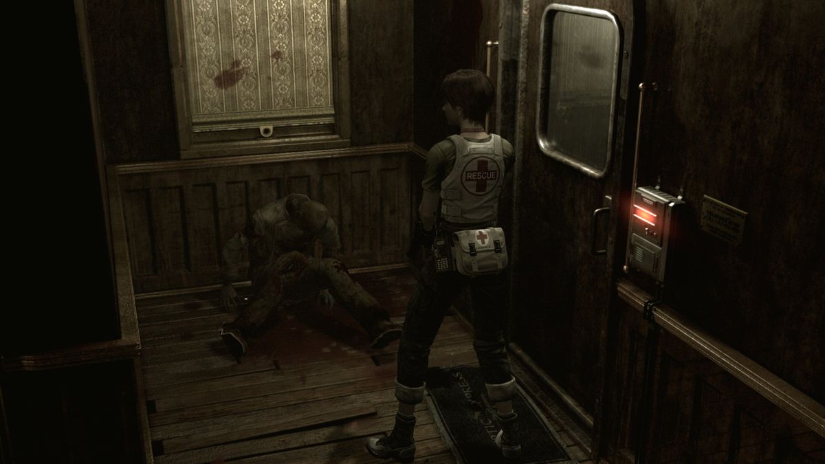 Rebecca Chambers looks upon a corpse in Resident Evil 0