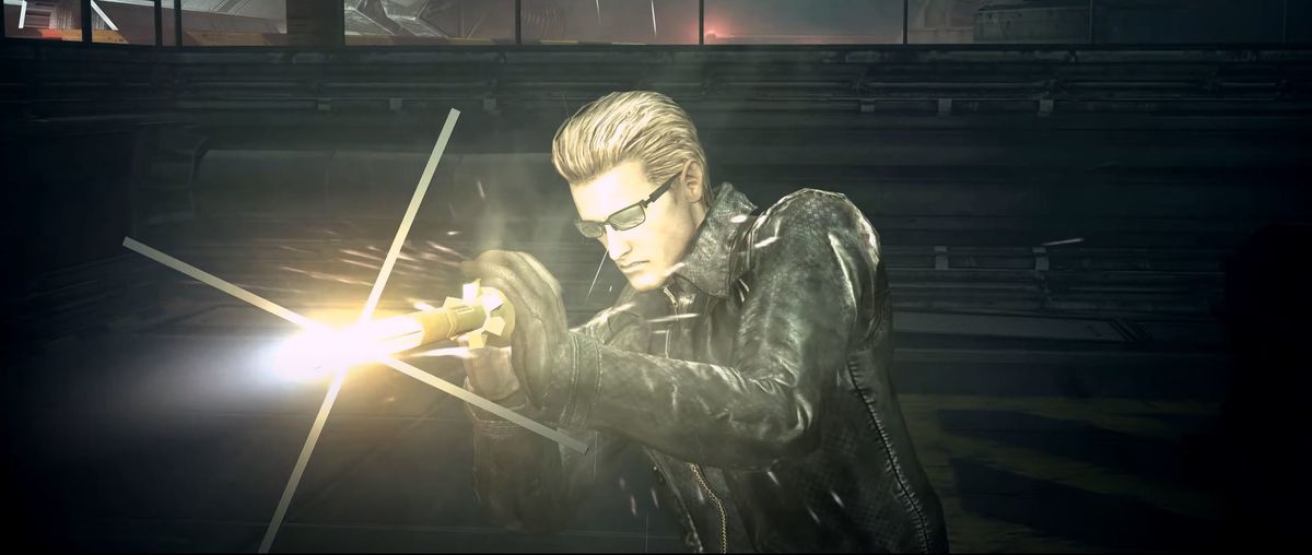 Wesker grabs an oncoming missile before it can strike him in Resident Evil 5