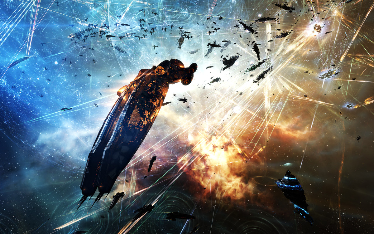 A single, large, player-owned ship flees a conflagration around a player-owned structure. Explosions erupt in its wake.