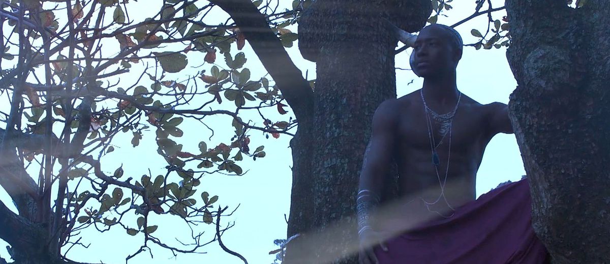 A shirtless Black man wearing bracelets and necklaces sits in a tree in The Journey