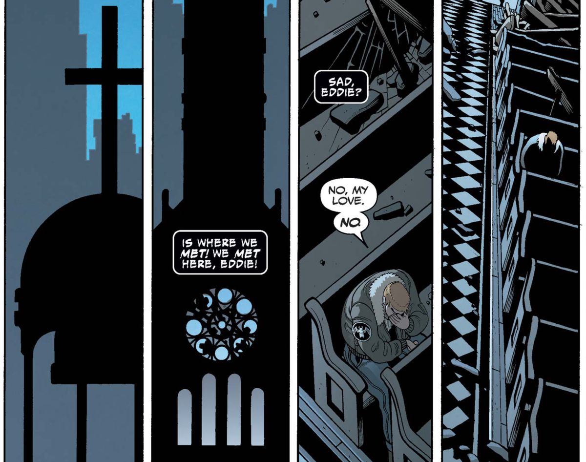 “Sad, Eddie?” asks the Symbiote. “No, my love. No.” he replies, looking very sad in a church pew in Venom #150, Marvel Comics (2017). 