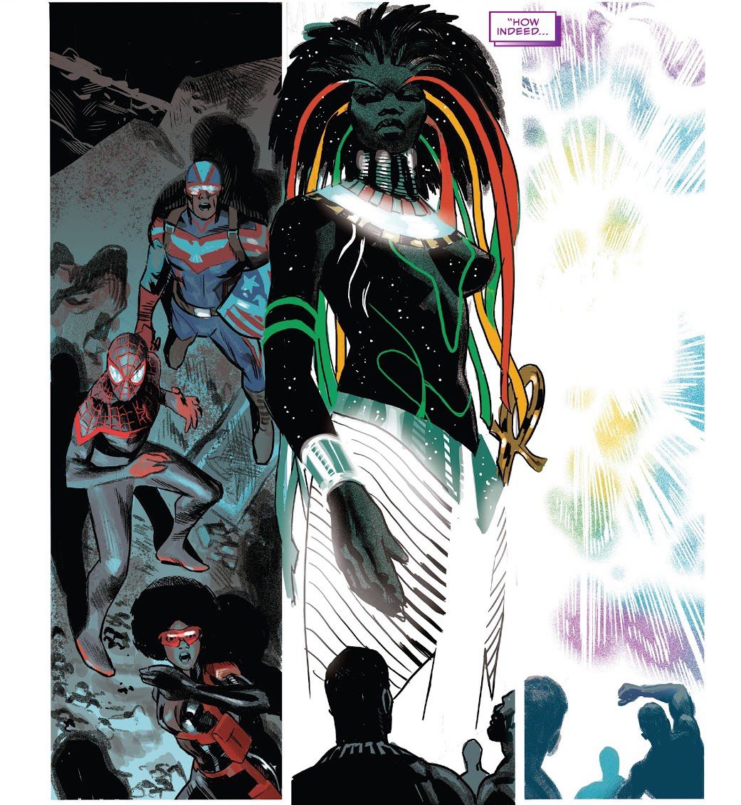 Bast, in her new form, her dark skin and hair flecked with cosmic stars, streamers in her hair in the colors of the pan-African flag, appears to the assembled Black Marvel superheroes, and then disappears in a burst of light in Black Panther #25, Marvel Comics (2023). 