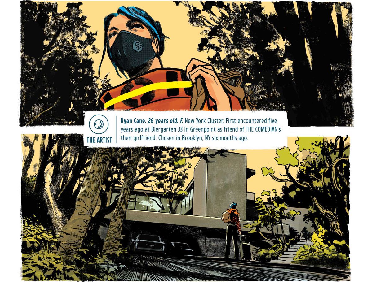 Ryan, wearing a mask, walks up the front drive of Walter’s lake house, in The Nice House on the Lake #1, DC Comics (2021).