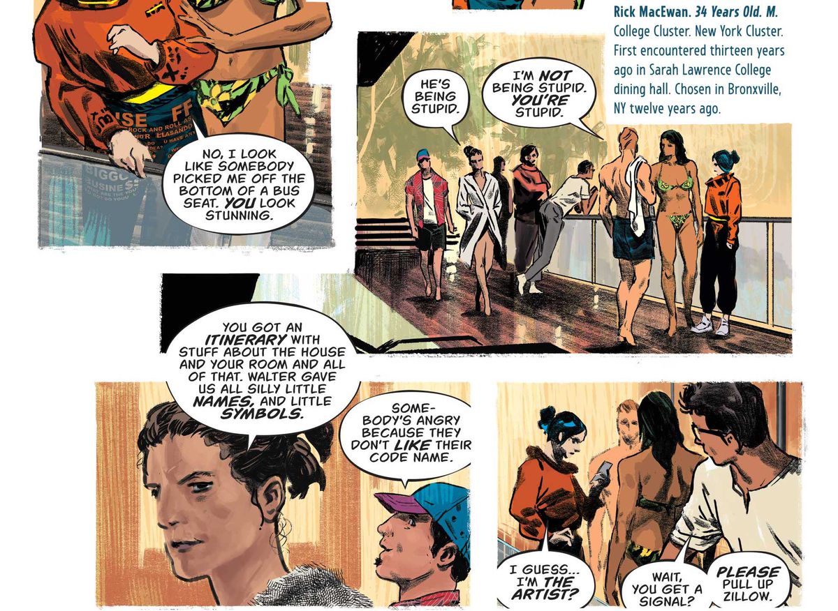 Walter’s 10 friends congregate near the pool of the lake house. “You got an itinerary with stuff about the house and your room and all of that. Walter gave us all silly little names, and little symbols,” says Sarah in The Nice House on the Lake #1, DC Comics (2023).