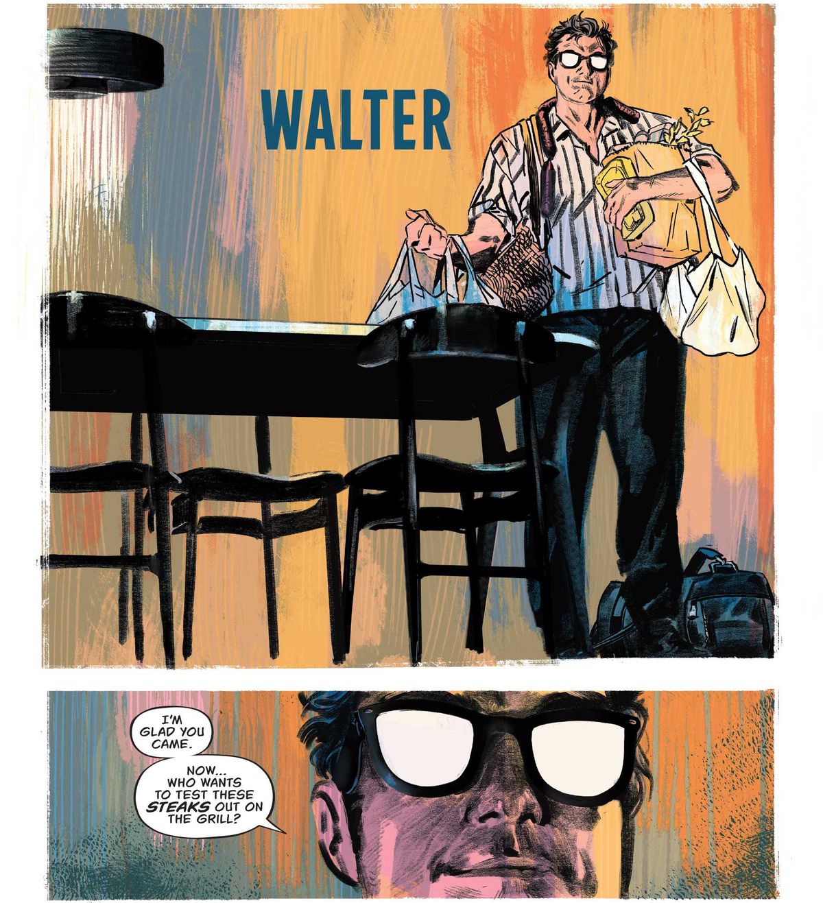 Walter sets groceries down on a table, saying “I’m glad you came. Now... who wants to test these steaks out on the grill?” His glasses reflect the light ominously like an anime villain in The Nice House on the Lake #1, DC Comics (2023).