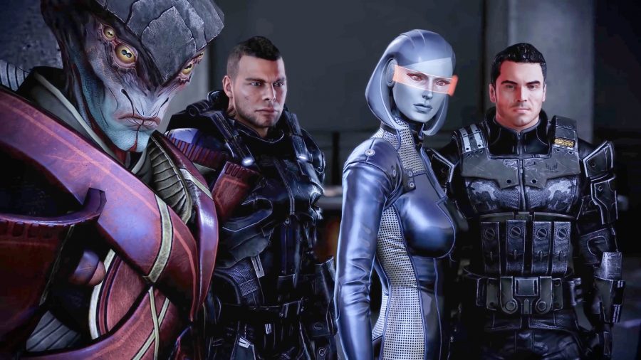 Four Mass Effect squadmates, Javik, James, EDI, and Kaidan