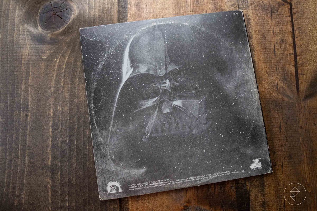 The back cover of the vinyl record sleeve for the Star Wars soundtrack, featuring Darth Vader.