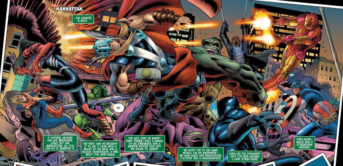 The Avengers clash with Hulk and the Harpy in a chaotic double wide panel, as She-Hulk, nearly lost in the fray, says “no,” in The Immortal Hulk #47, (2023). 