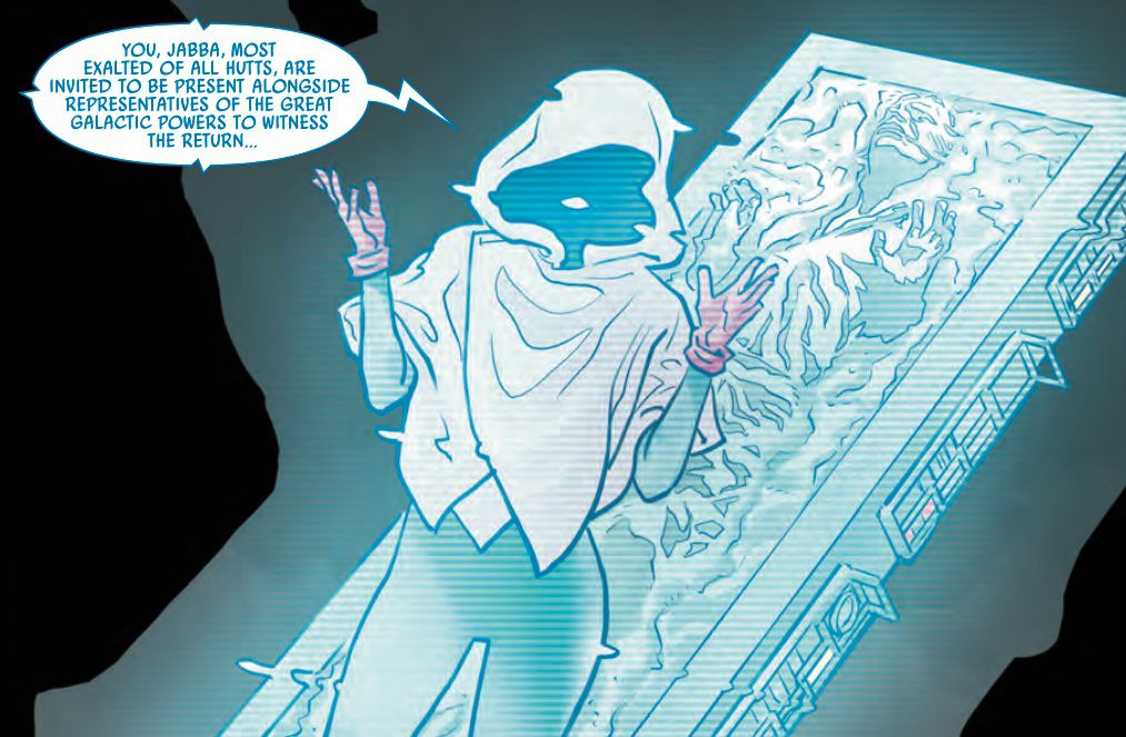 A hooded figure, standing in front of Han Solo’s frozen-in-carbonite form, addresses Jabba the Hutt by hologram in Star Wars: War of the Bounty Hunters #1, (2023).