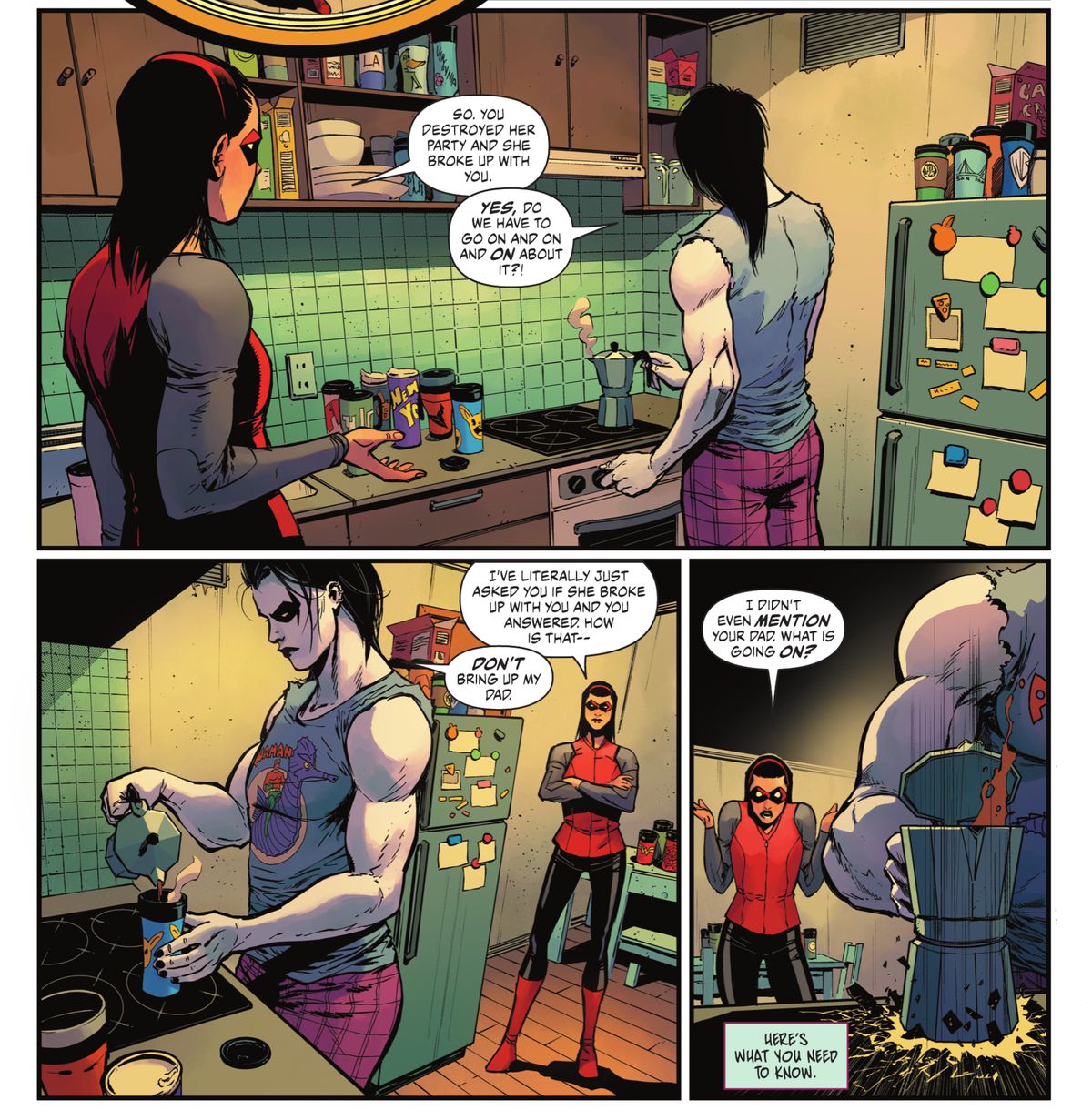 Crush prepares hot chocolate in a moka pot while arguing testily with Red Arrow in Crush &amp; Lobo #1, (2023). 