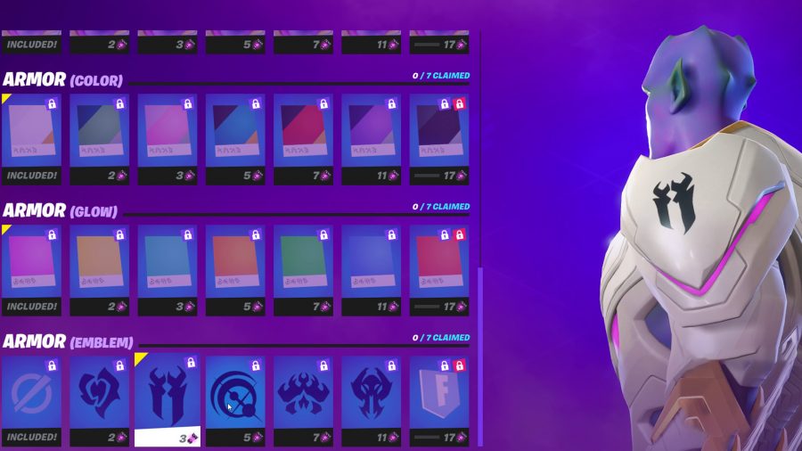 An armour emblem on the armour of the Kymera alien in Fortnite