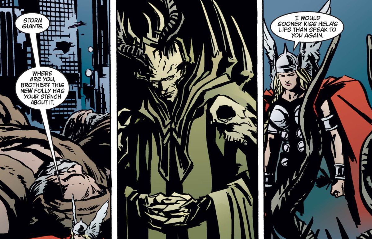 Thor (transformed into a woman) confronts a robed Loki, with bony horns and many spikes and protuberances in Earth X #5 (1999). 