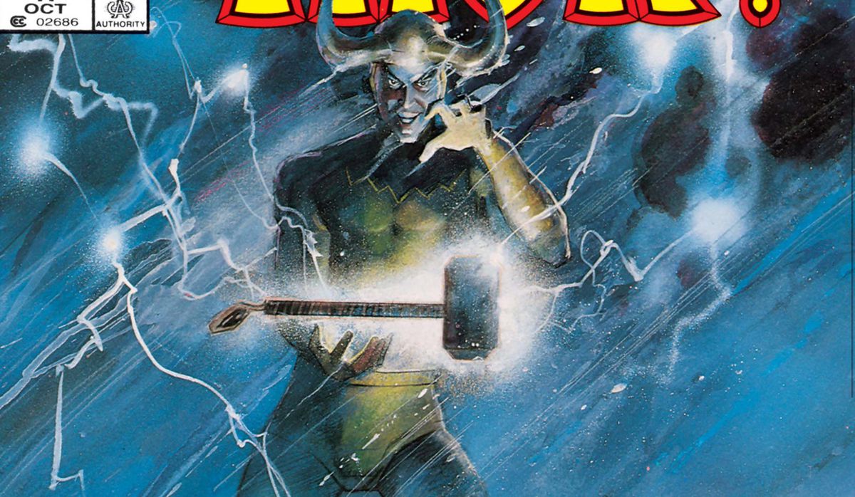 Loki stands in a thunderstorm with Mjolnir floating between his hands on the cover of What If? #47 (1984). 