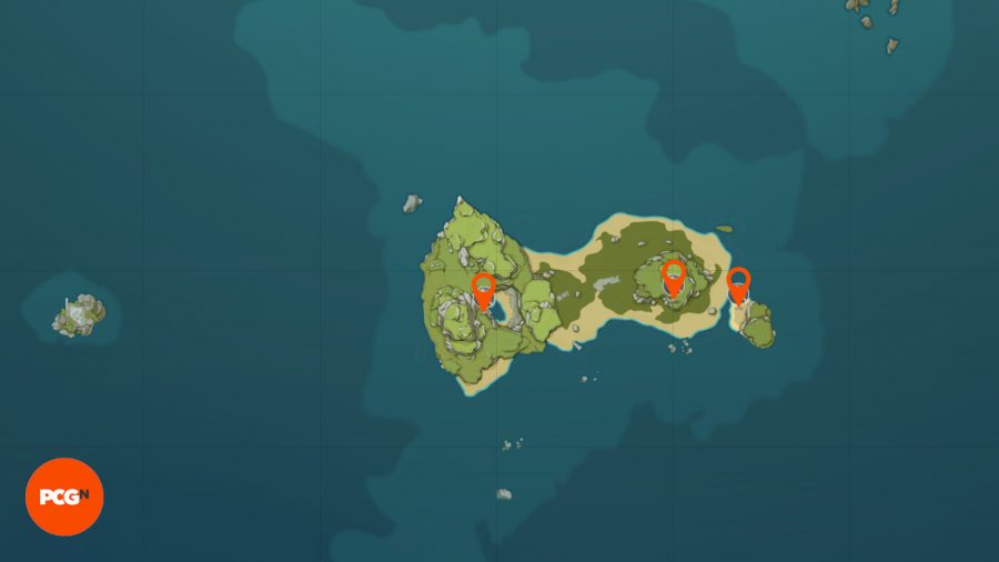 A map of the minacious isle in Genshin Impact with the locations for echoing conches highlighted with pins