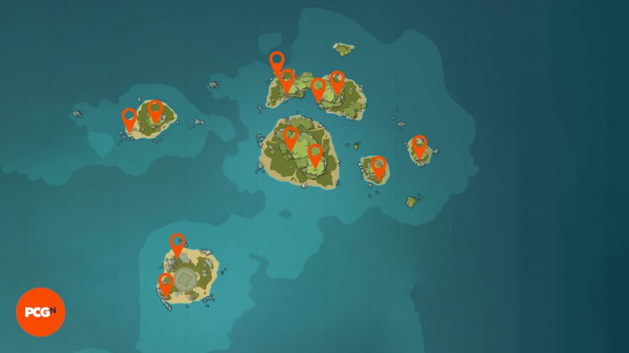 A map of the twinning isle in Genshin Impact with the locations for echoing conches highlighted with pins