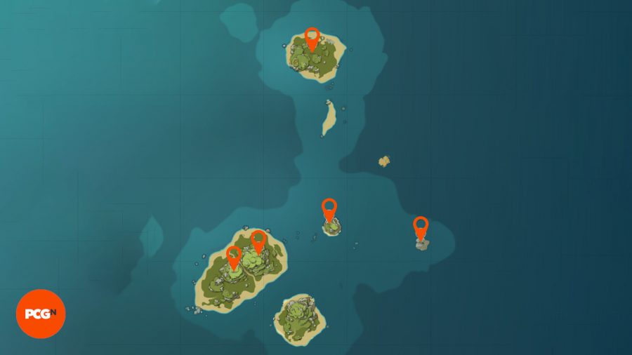 A map of the pudding isle in Genshin Impact with the locations for echoing conches highlighted with pins
