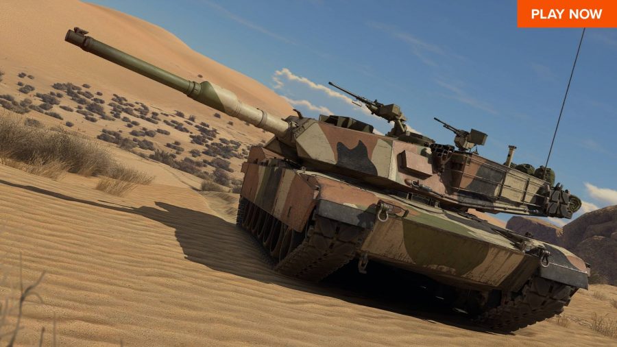 A tank driving through the desert in War Thunder.