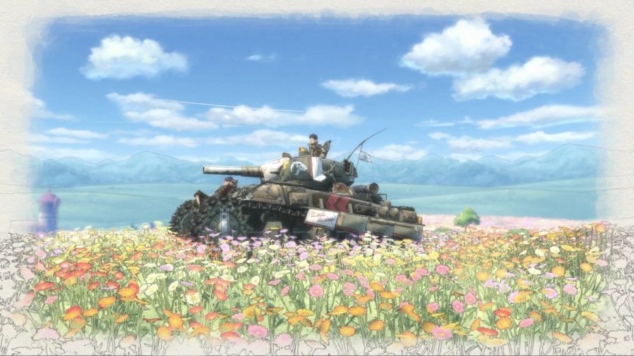 Driving a tank through a meadow in one of the best tank games, Valkyria Chronicles 