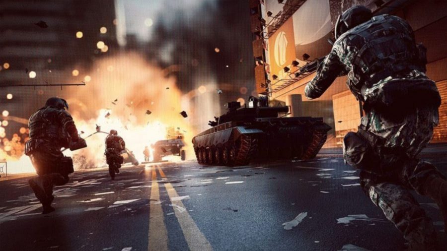 An explosion as tanks advanced down a city street in Battlefield 4