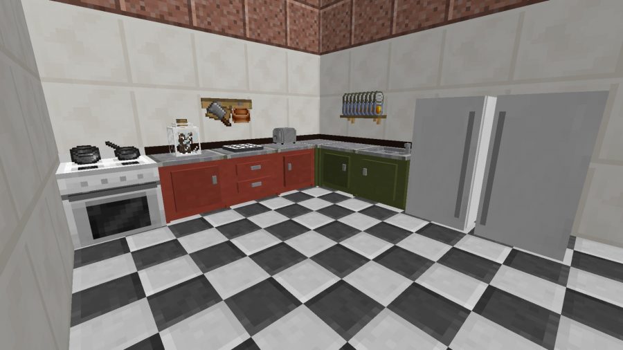 A kitchen in one of the best cooking games, Minecraft, thanks to the Cooking with Blockheads mod