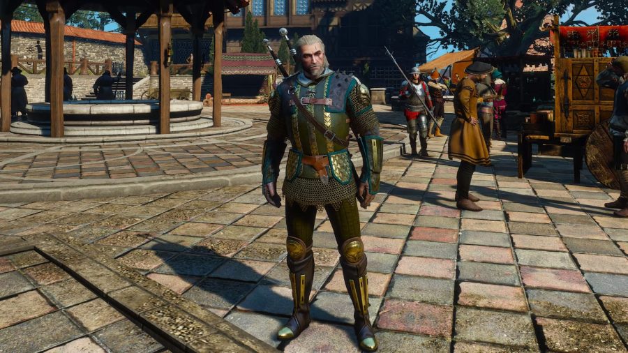 Geralt wearing decorative armor in The Witcher 3