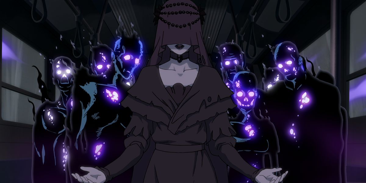 A veiled woman in deep purple stands in front of a crowd of seething, purple-eyed black humanoid creatures in Trese