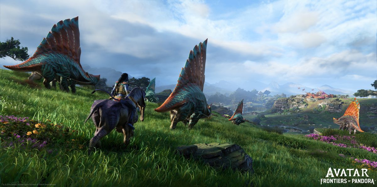 A Na’vi herdswoman pushes reptiles across the plains.