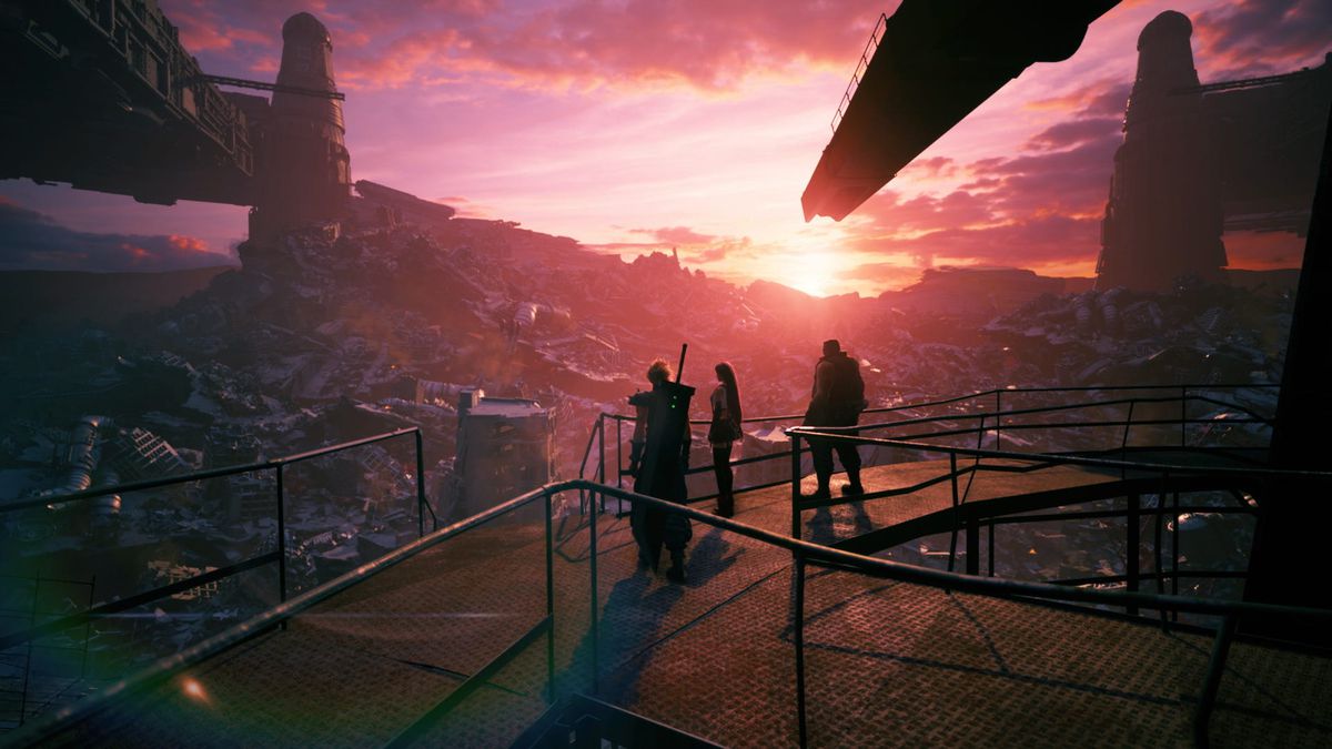 Cloud, Tifa, and Barret watch the sunset in Final Fantasy 7 Remake