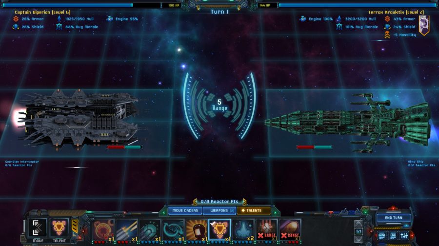 two space ships squaring off in turn-based combat. A ui row lines the bottom of the screen, various combat options available.