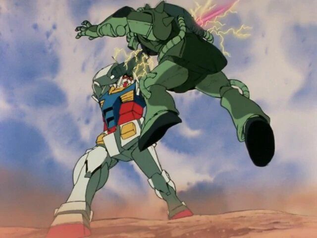 The RX-78 Gundam piercing the armor of a Zaku mobile suit using its beam saber.