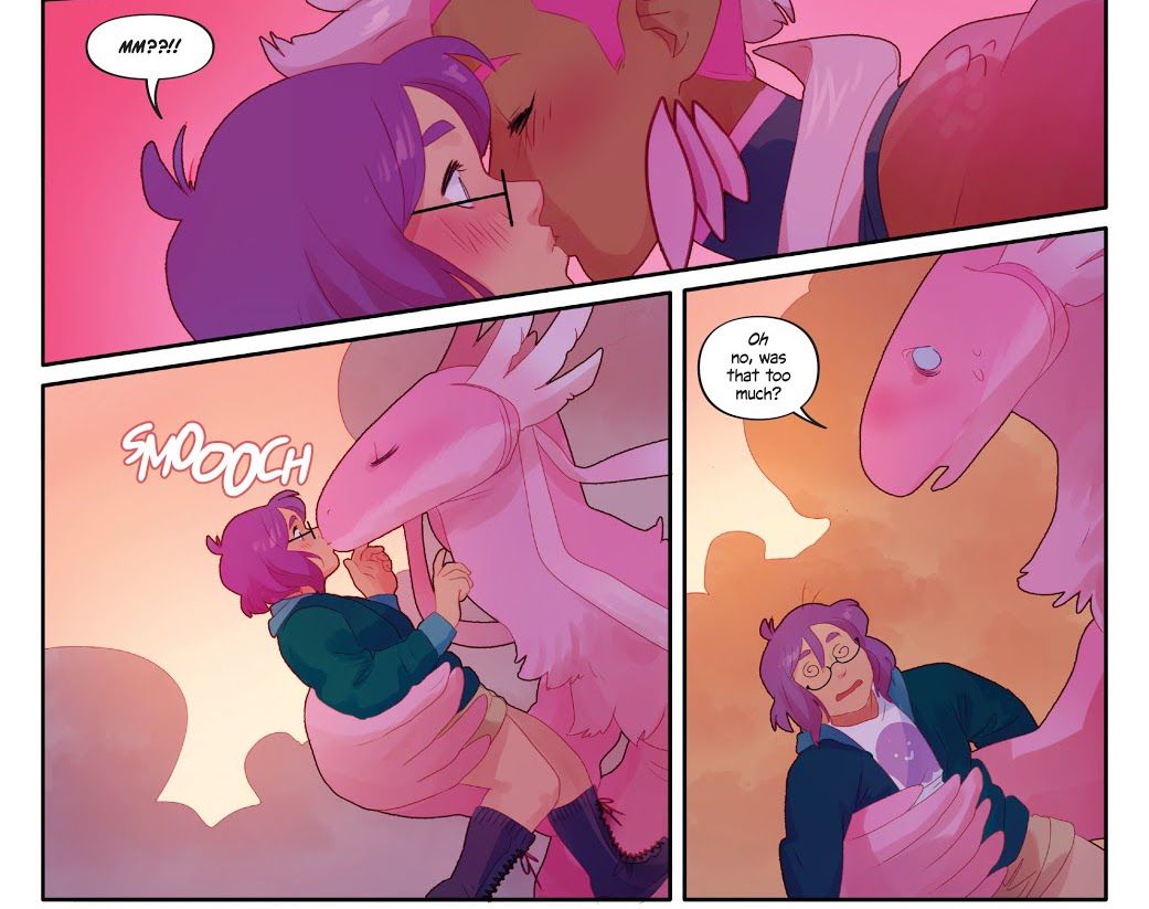 Mia grabs Gigi and kisses her, given them the power to transform back into a big pink axolotl dragon. Gigi is stunned, held in Mia’s big paw. “Oh no,” Mia says, “was that too much?” in Save Yourself #1 (2023). 
