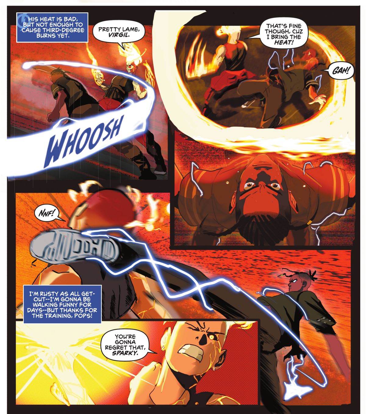 Static dodges a blast of fire from his opponent by bending backwards at his knees, and then lashes out with an exaggerated roundhouse kick to the back of his neck, speed lines, shortened perspective, and stretched anatomy lending the movement a sense of speed and strength in Static: Season One #1 (2023). 