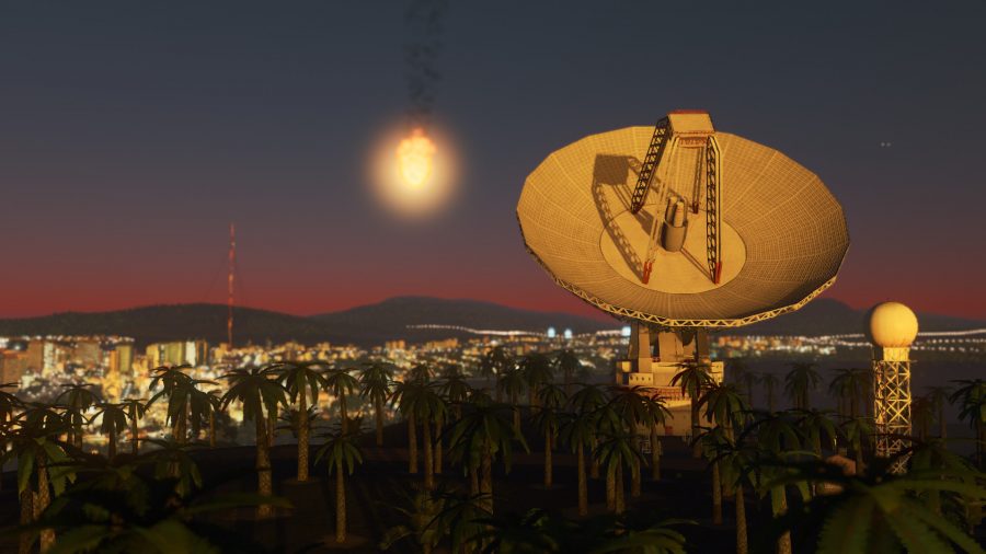 A shot of a city at night, a radio dish in the fore - a meteor falls to the ground in cities: skylines