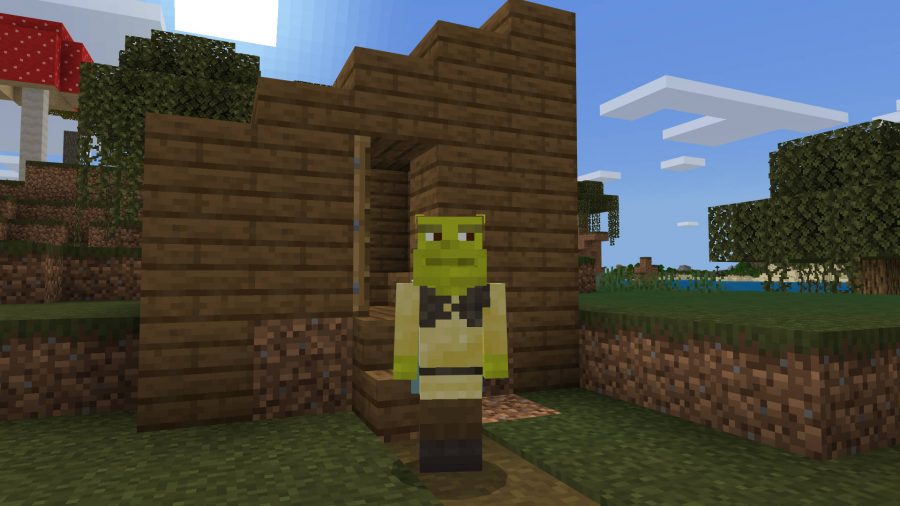 The Minecraft skin version of Shrek is storming out of the hastily built outhouse in a swamp.