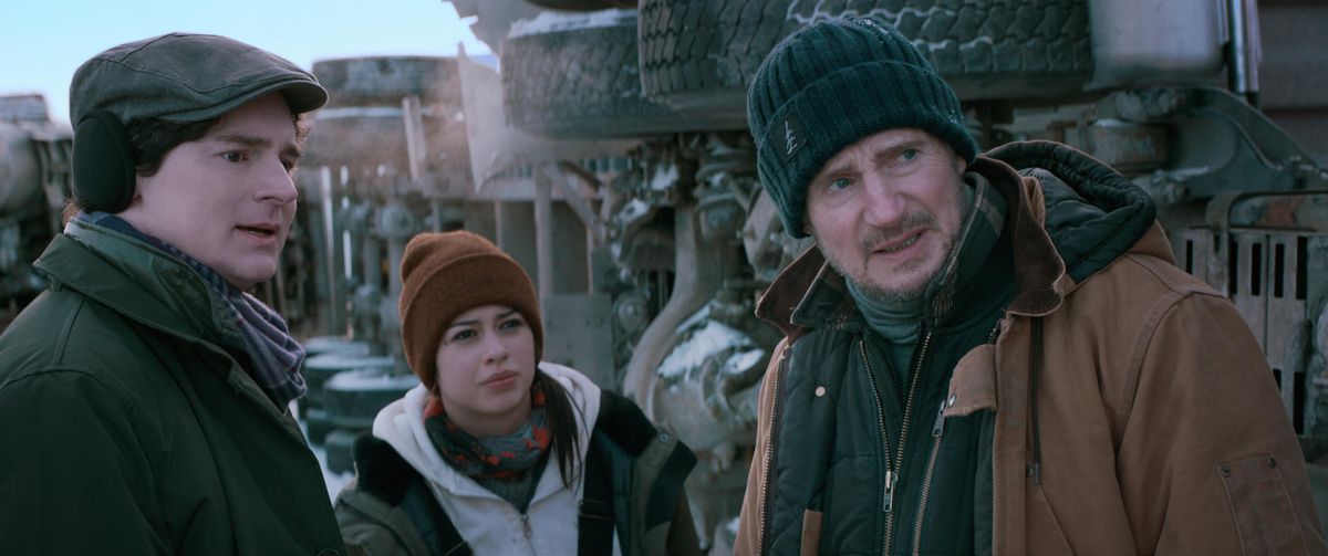 Liam Neeson wearing a knitted cap in The Ice Road