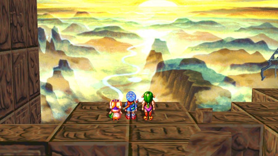 Three heroes from Grandia, one of the best JRPGs, looking over the top of the end of the world to find mountains and a river.