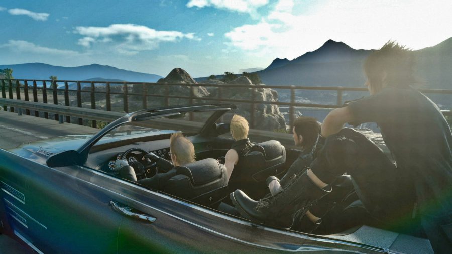 Four lads from Final Fantasy XV, one of the best JRPGs on PC, on a road trip. Noctis hates car seats.