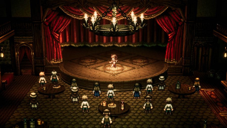 A dancer in Octopath Traveler, one of the best JRPGs, performing on stage with a big audience watching.
