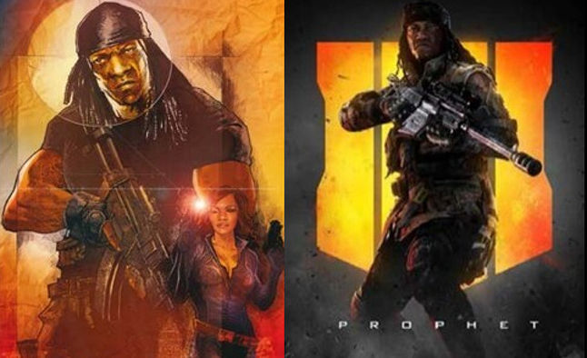 The G.I. Bro poster (left) that Huffman claimed inspired Call of Duty character Prophet (right)