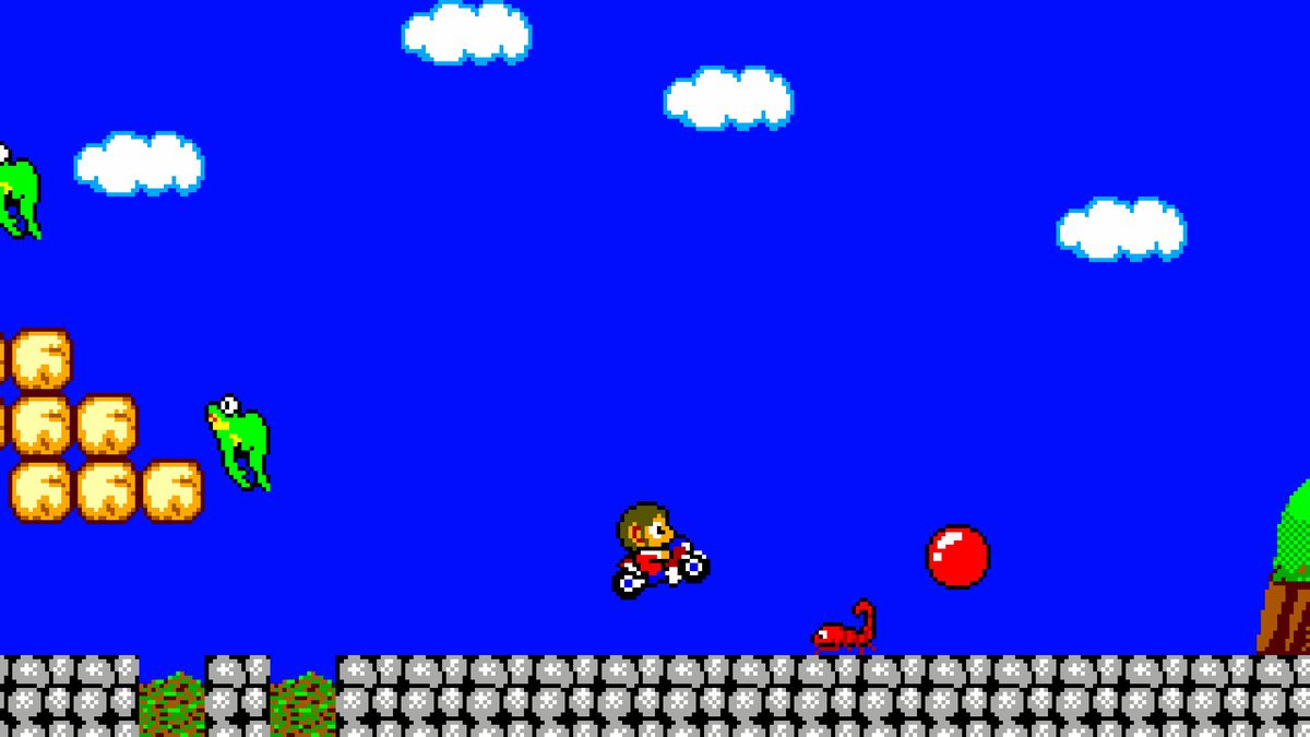 Alex Kidd in Miracle World DX’s classic graphics mode with Alex on his motorbike