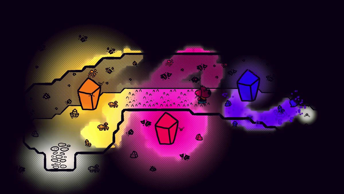 a dark scene with colorful blobs lighting up the cave