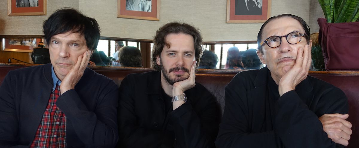 Edgar Wright sits between brothers Russell and Ron Mael of Sparks