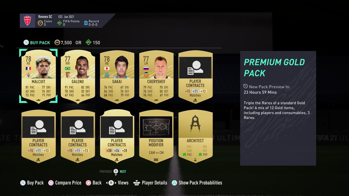 screen showing all 10 items available in a “Premium Gold Pack” in Football Ultimate Team for FIFA 21.