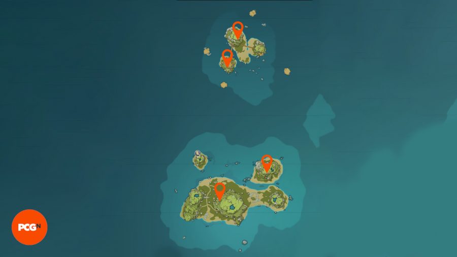 A map of the broken isle in Genshin Impact with the locations for echoing conches highlighted with pins