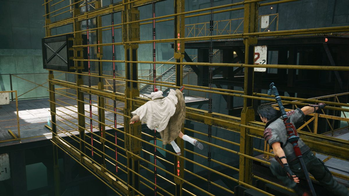 Yuffie and Sonon glide across metal scaffolding while breaking into Shinra HQ in Final Fantasy 7 Remake Episode Intermission
