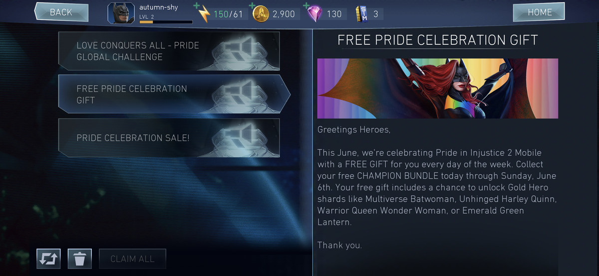a screenshot from injustice 2 mobile describing the free pride rewards